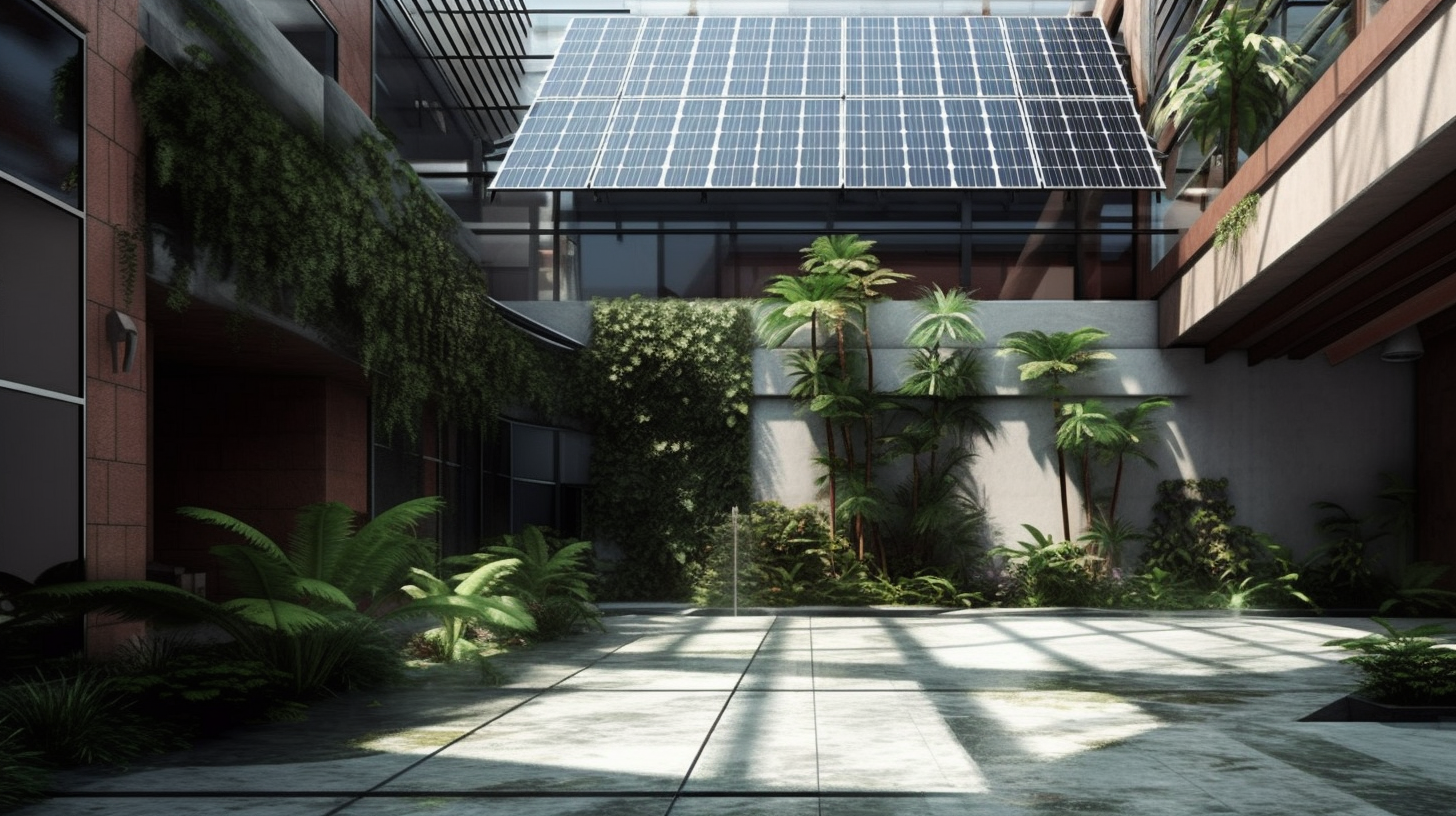 Court intérieur d'une maison haut de gamme, avec installation solaire