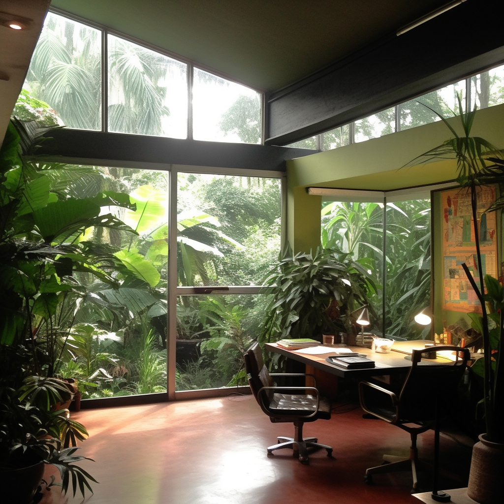 Bureau intérieur moderne avec grandes ouvertures sur l'exterieur, encerclé par de la végétation luxuriante