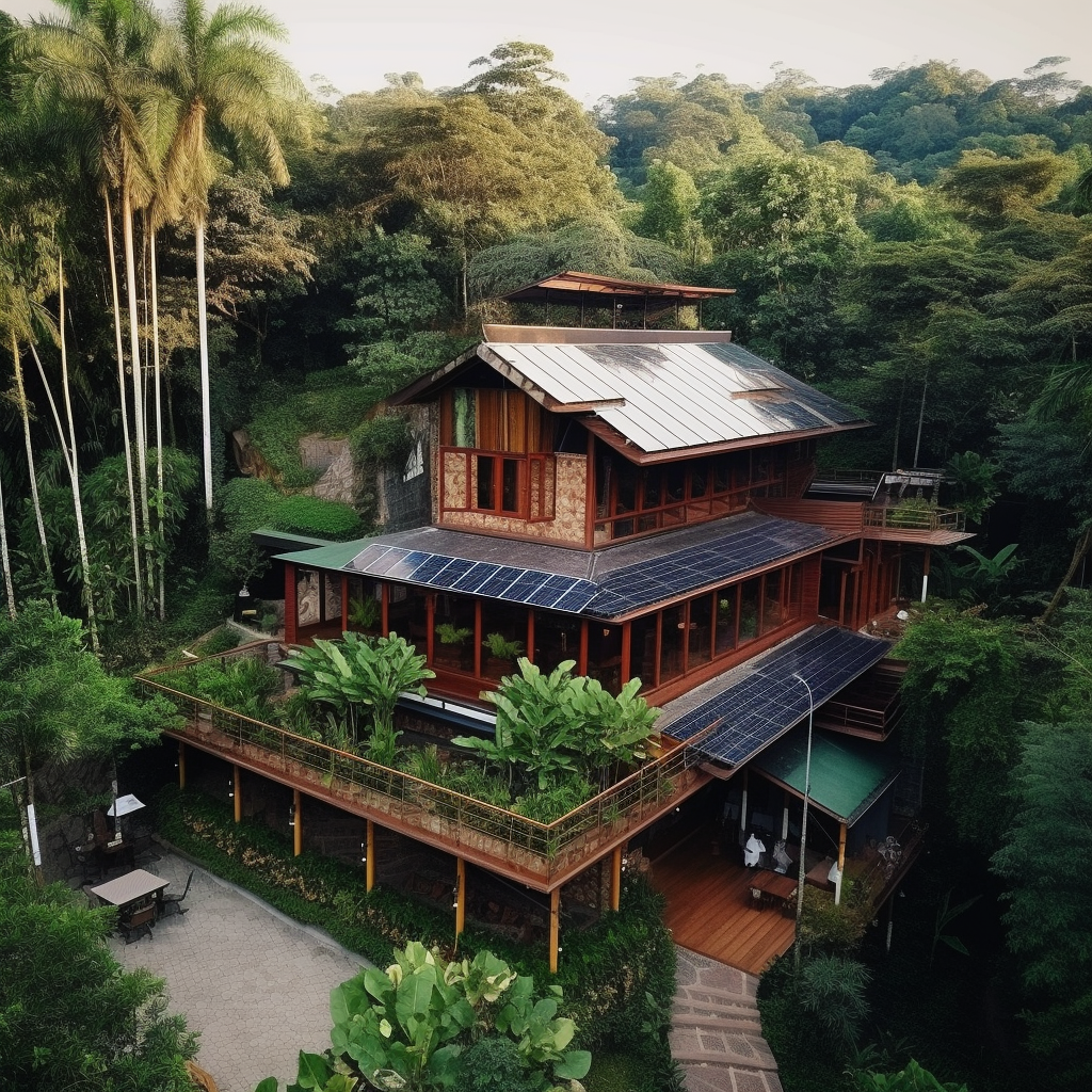 Maison tropical perdu au miliueu de la jungle, autonome en énergie