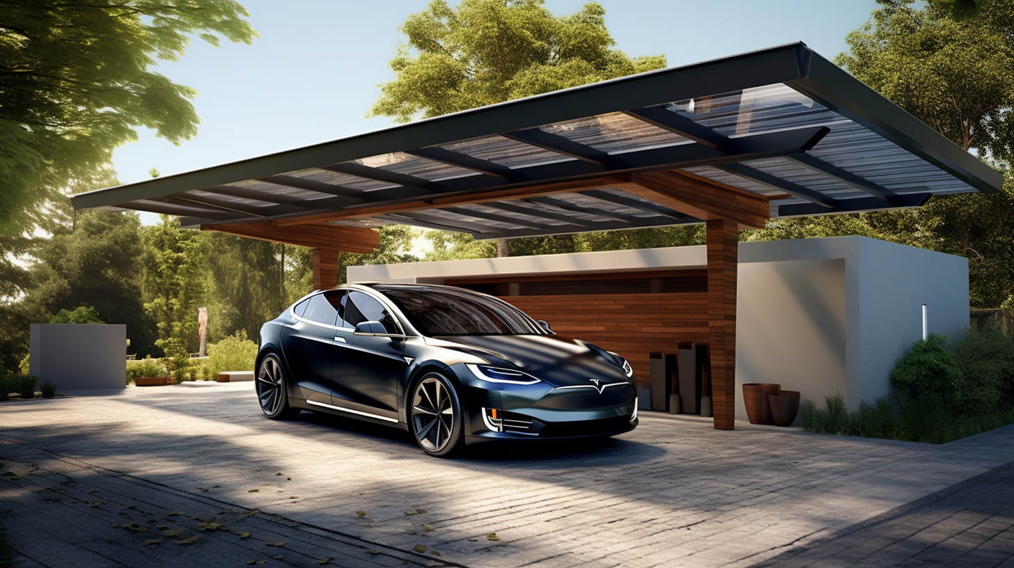 Ombrièere solaire sous laquelle se trouve une tesla neuve